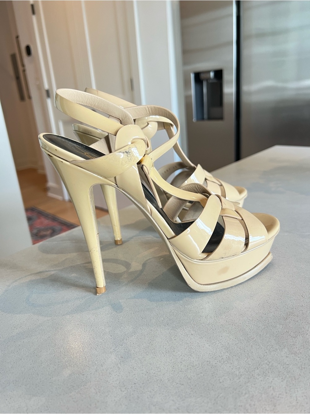 Yves Saint Laurent Tribute Cream Patent Platform Strappy Sandals